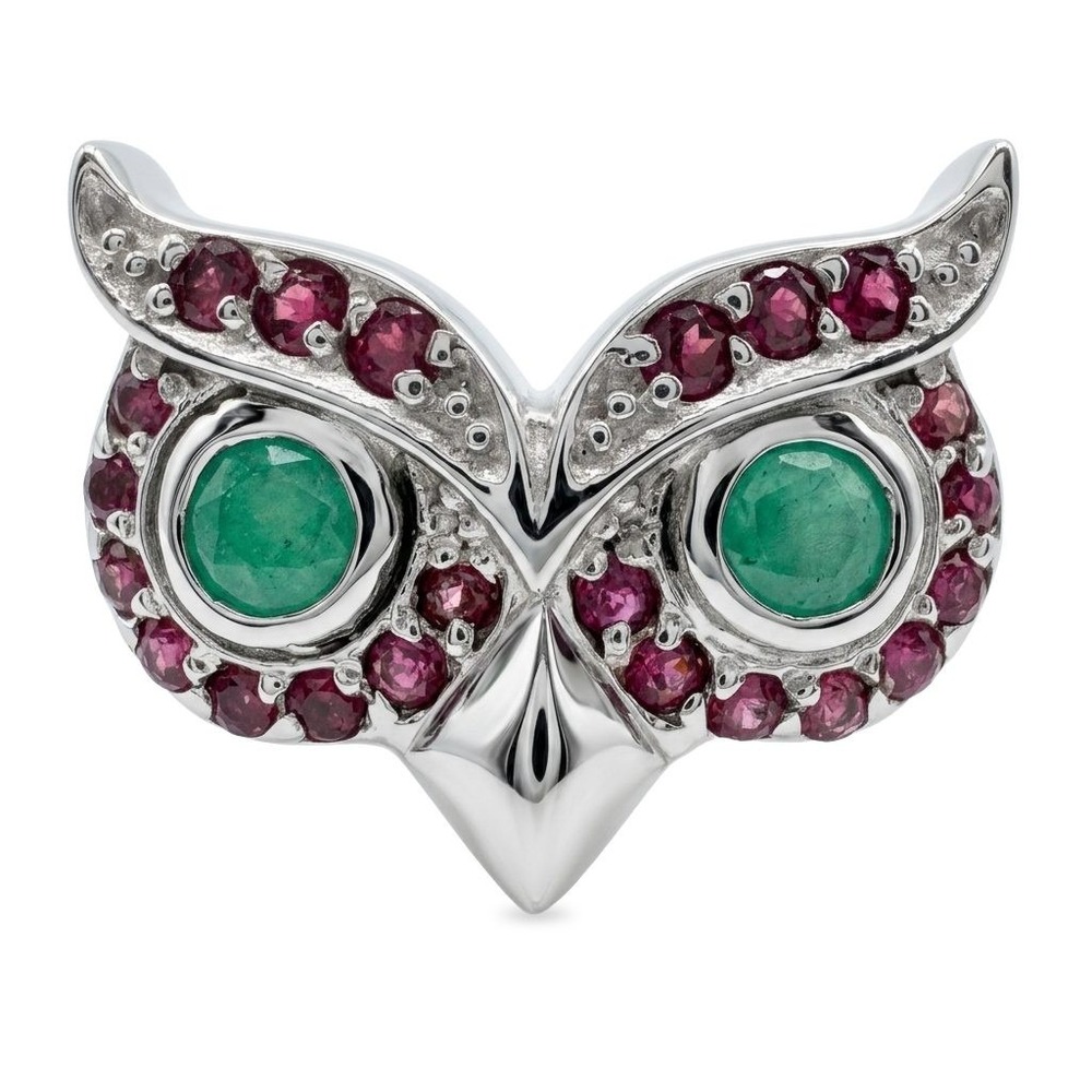 Emerald Rhodolite Garnet Owl Ring 925 Sterling Silver 14K White Gold Plated 6.5